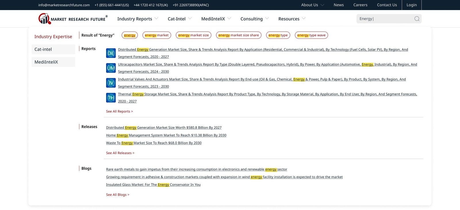 MRFR Website Search Result Dropdown